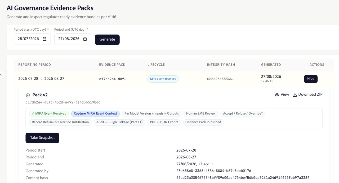 Verixa AI governance evidence pack showing event capture, model version pinning, human SME review, override justification and audit and electronic signature linkage