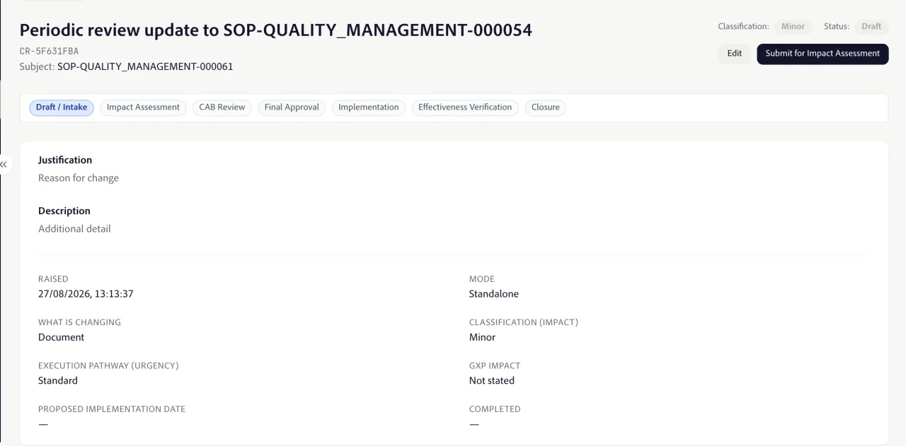 Verixa change control record showing impact assessment, CAB review, final approval, implementation, effectiveness verification and closure stages