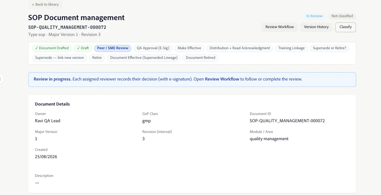Verixa controlled document record showing draft, peer and SME review, QA approval with electronic signature, effective, distribution and retirement stages